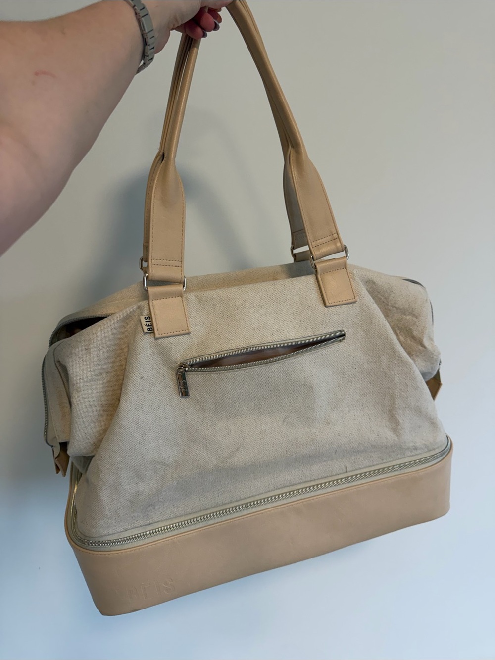 Beige Weekender Canvas & Leather Tote Bag